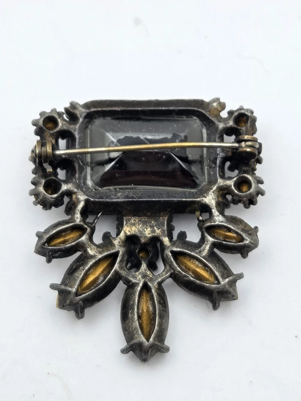 Vintage Black Glass Emerald Cut Rhinestone Brooch Pin Statement